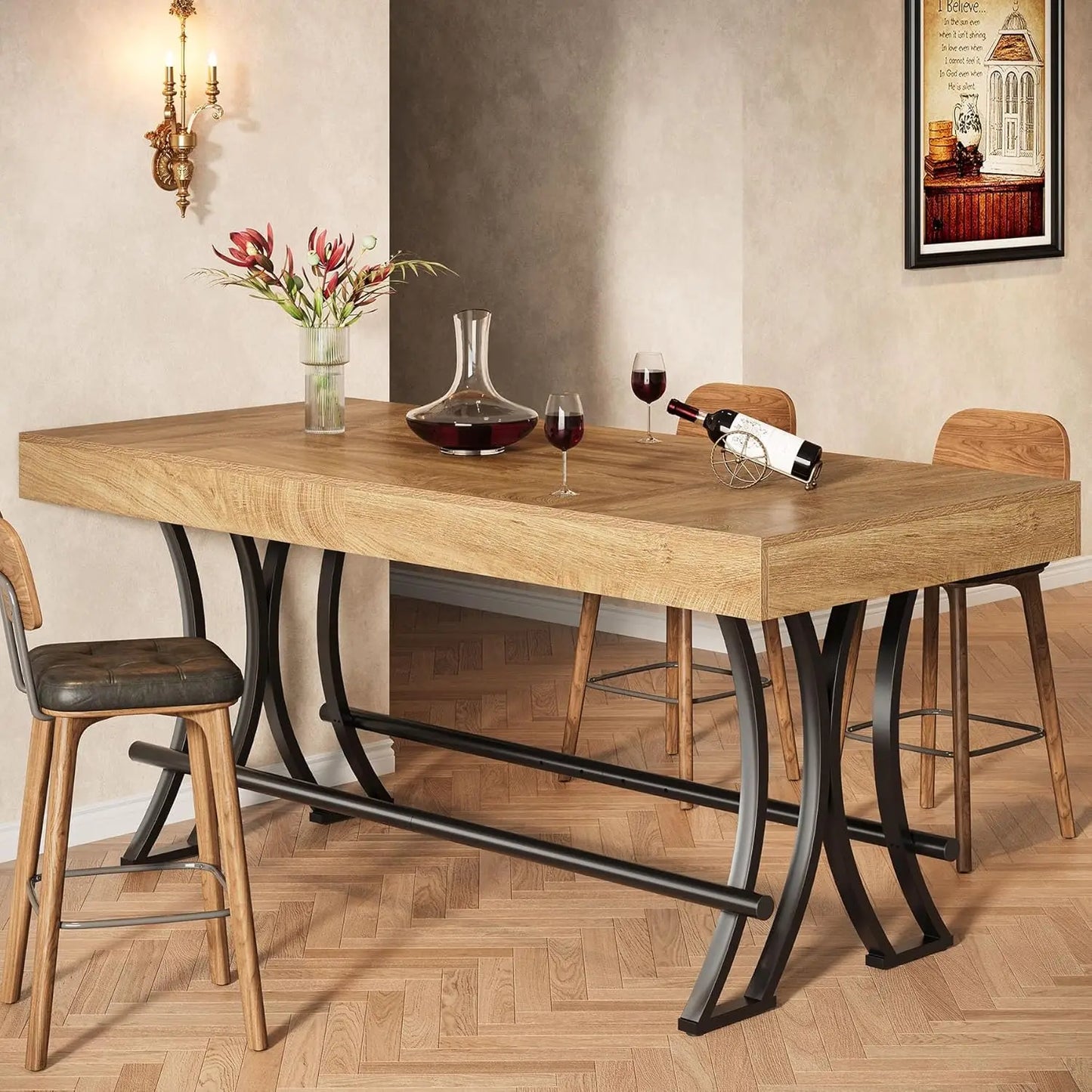 Counter Height Bar Table with Metal Footrest, Rectangular Tall Kitchen Dining Pub Table, Industrial Home Bar, Customized
