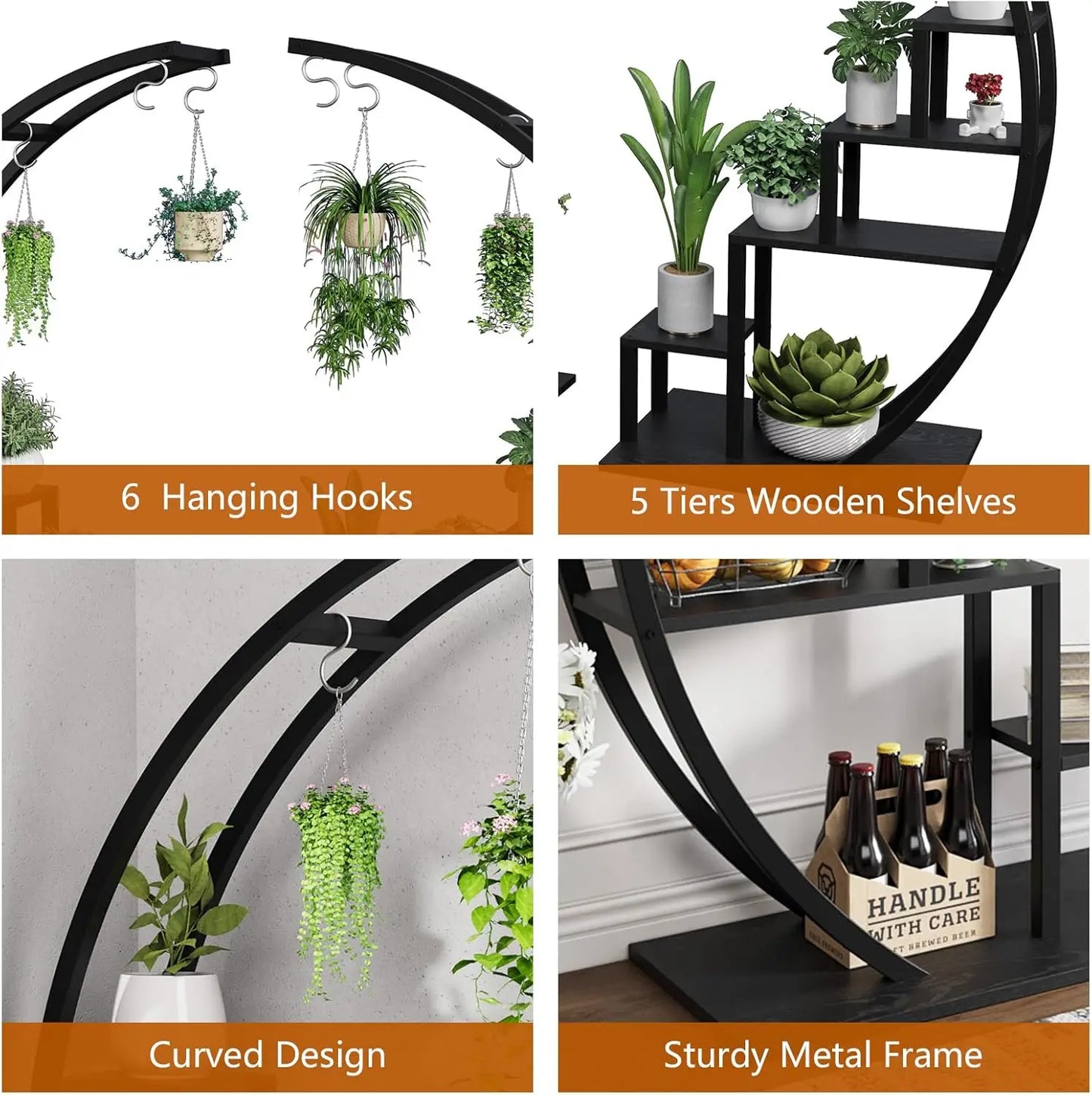 2pcs 5-Tier Metal Plant Stand Indoor Half Moon Shape