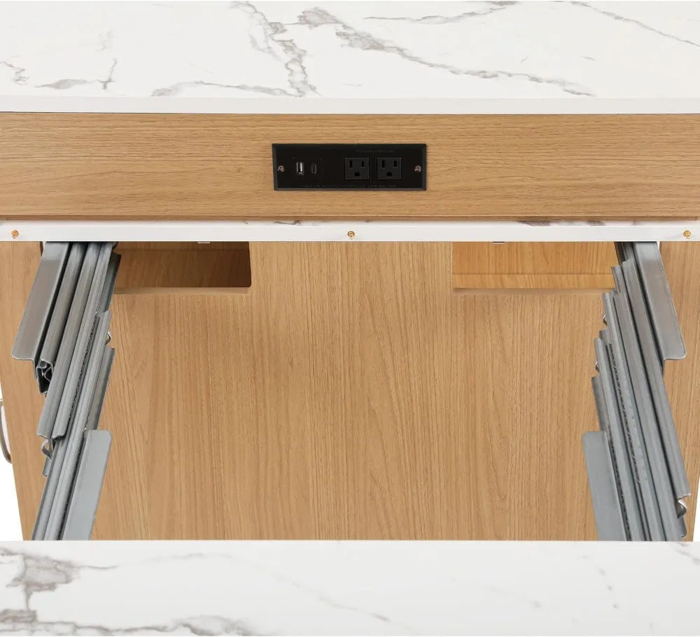 Kitchen Island Extendable Dining Table w/ Charging Station, Dual Storage, Mobile Prep Station, Natural