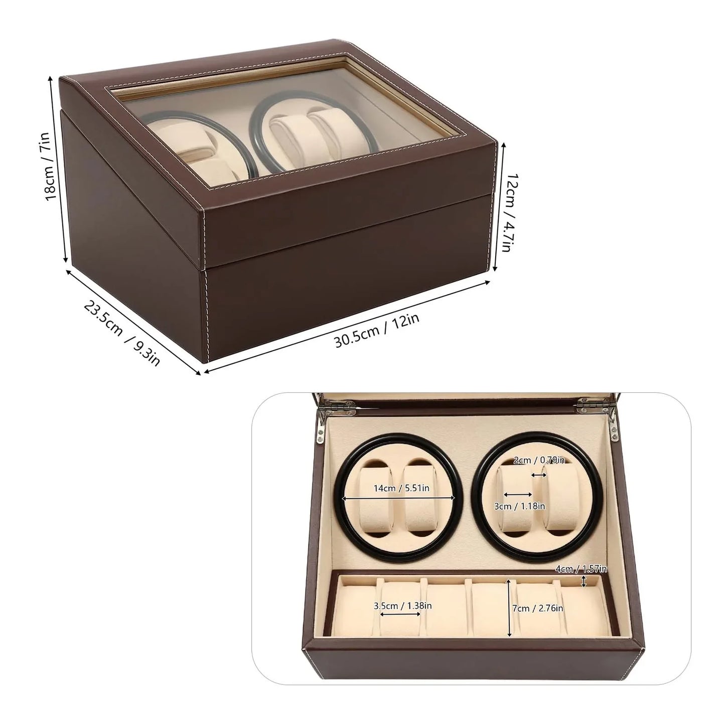 4+6 Rotation Leather Storage Case Display Case Box Automatic Watch Winder Holder Organizer W/Pillow (Brown)