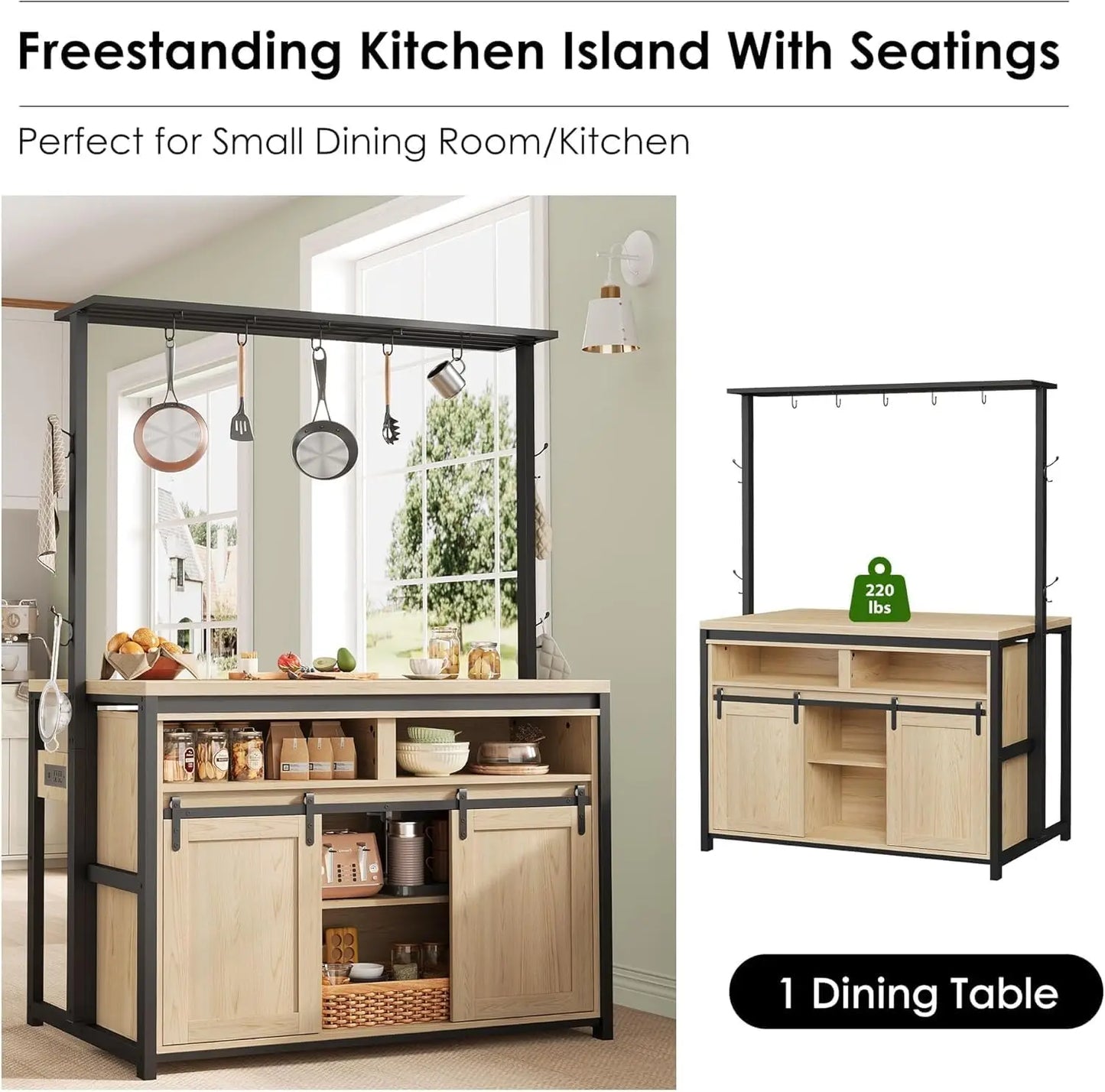 72 inch Tall Kitchen Island with Storage, Bakers Rack with Sliding Barn Door