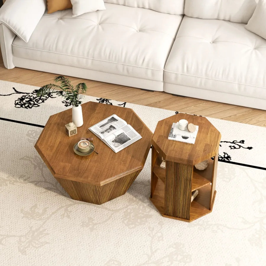 Octagonal Natural Rubber wood Set of Two Coffee Table