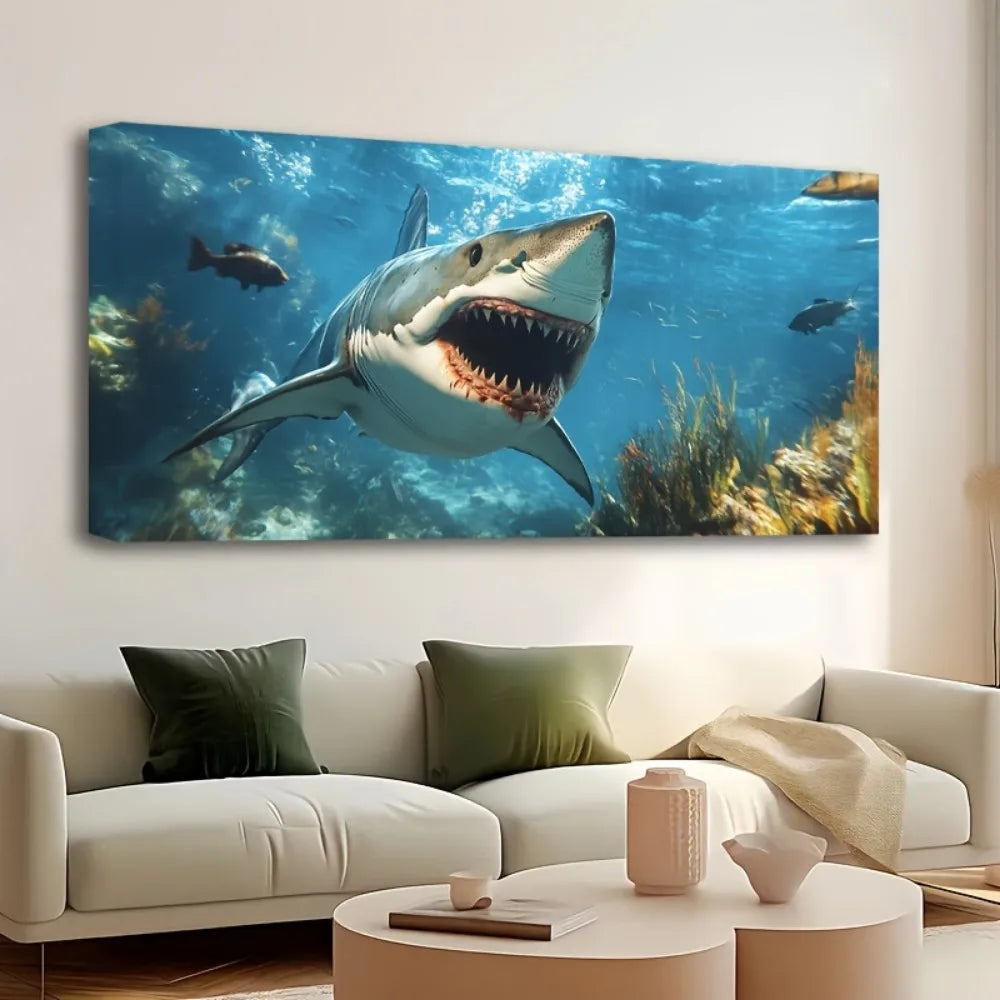 1.5 inch thick pine solid wood frame, Great white shark fishing canvas painting animal pictures home decor