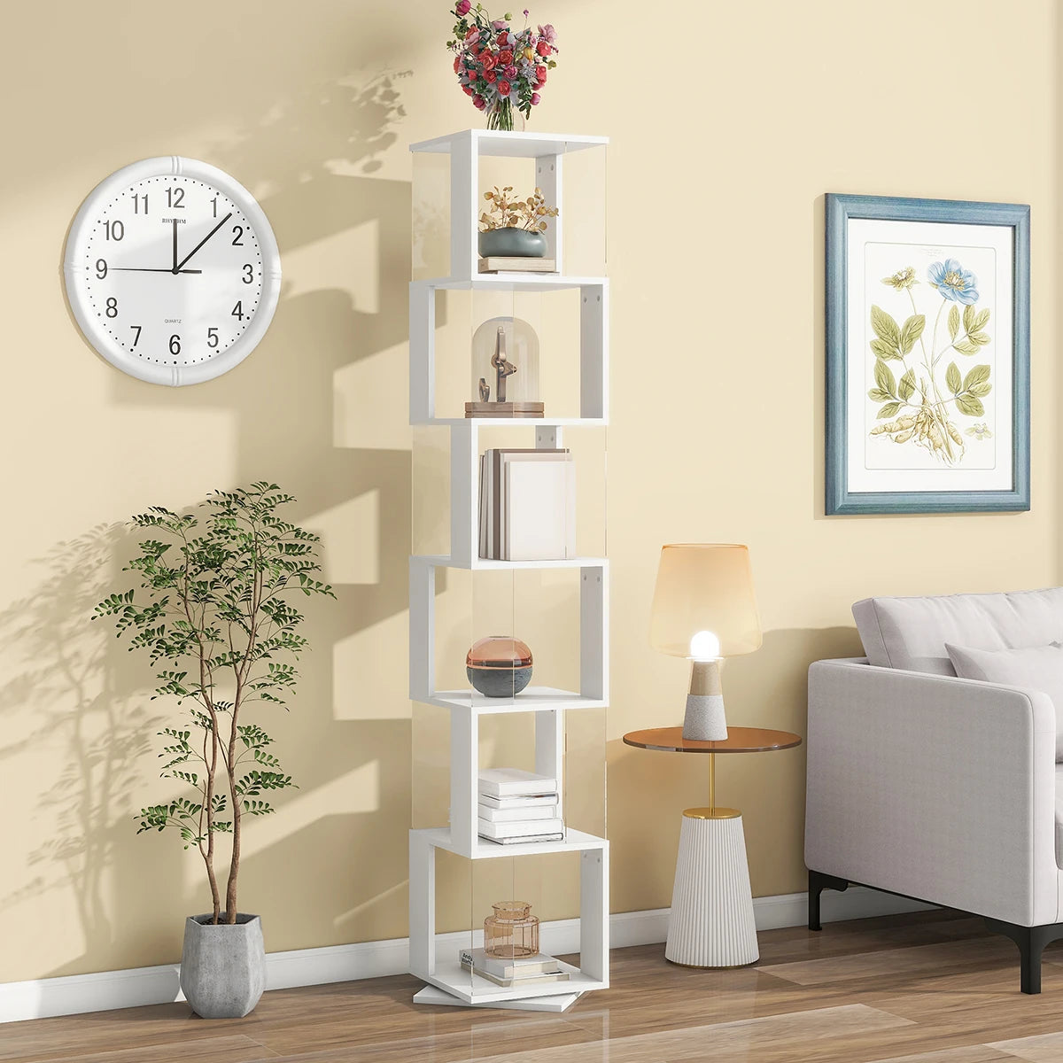 Bookshelf Tower, Floor Standing Wood Narrow Organizer