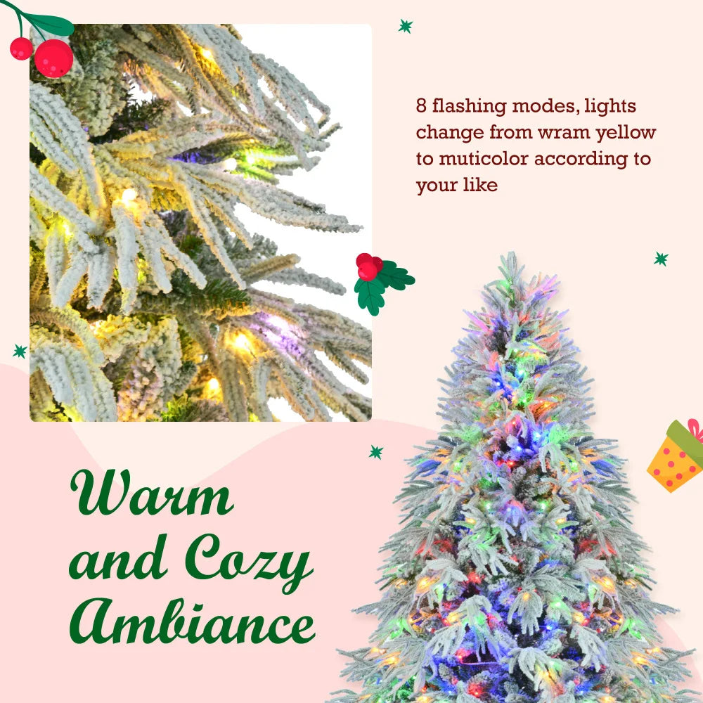7.5FT Pre-Lit Snow Flocked Spruce Christmas Tree, 350 Multi-Color LED Lights, 8 Modes, 1389 Snow Tips, Hinged.