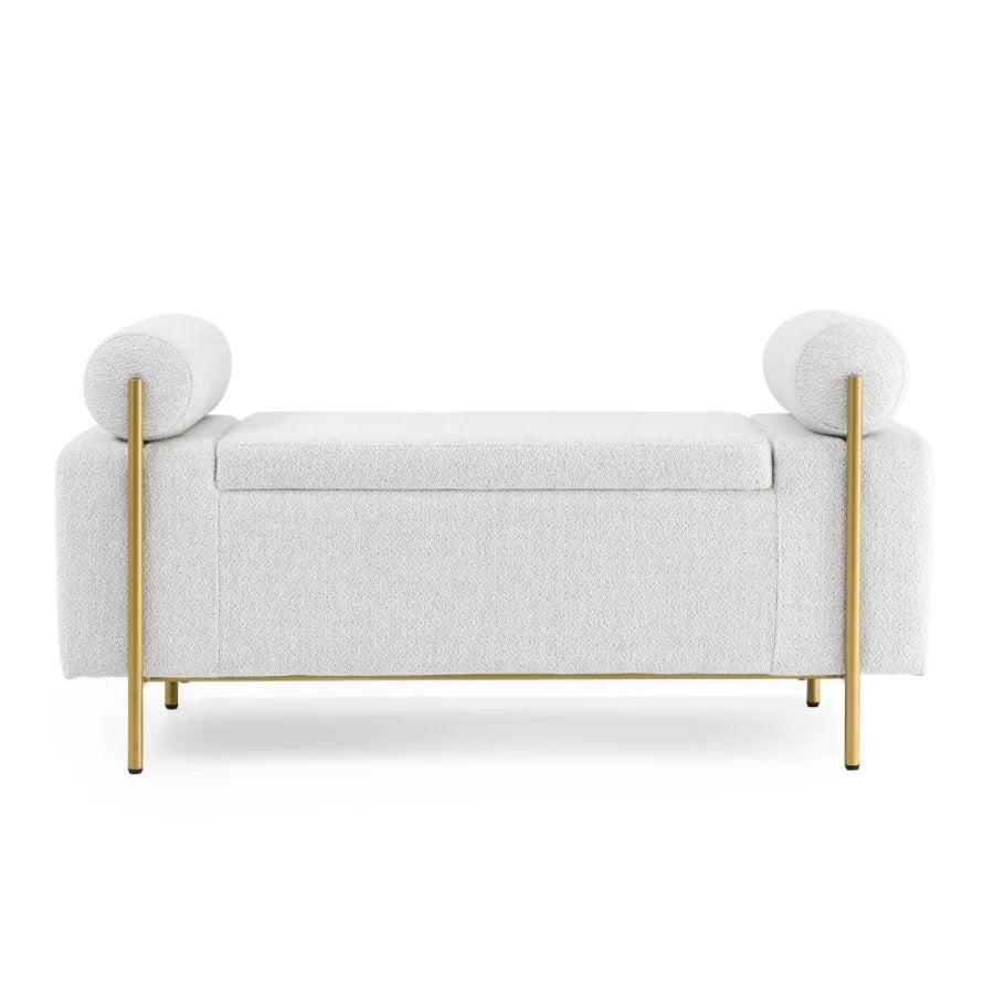 Elegant Upholstered Linen Storage Bench with Cylindrical Arms and Iron Legs for Hallway Living Room Bedroom White