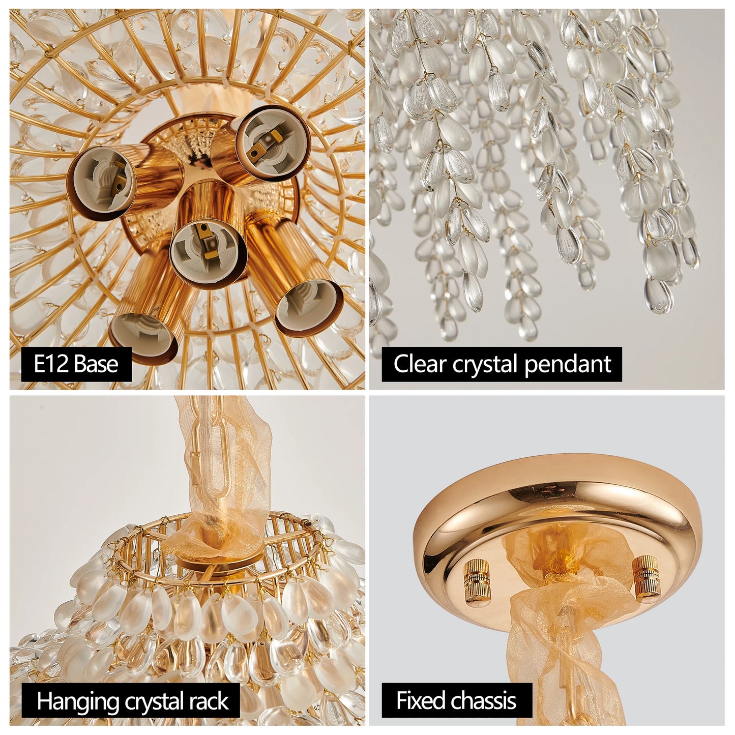 16 Inch 5 Light Gold Crystal Chandelier Elegant Waterfall Design with Gold Finish for Living Room Dining Room Bedroom