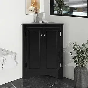 Corner Storage Cabinet with Adjustable Shelves, Triangle Bathroom & Kitchen Organizer, Freestanding Floor Cabinet for Toilet Kit