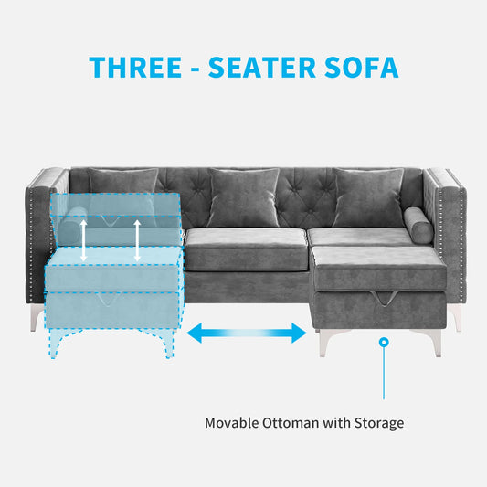 Convertible Sectional Sofa, Velvet Upholstered