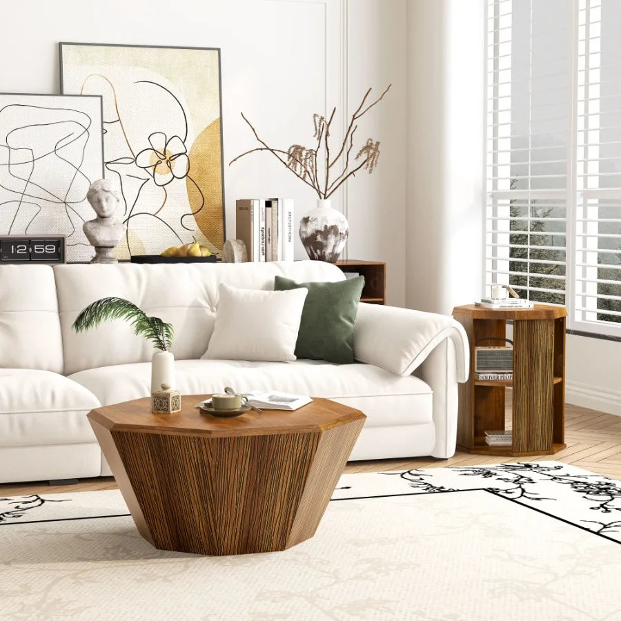 Octagonal Natural Rubber wood Set of Two Coffee Table