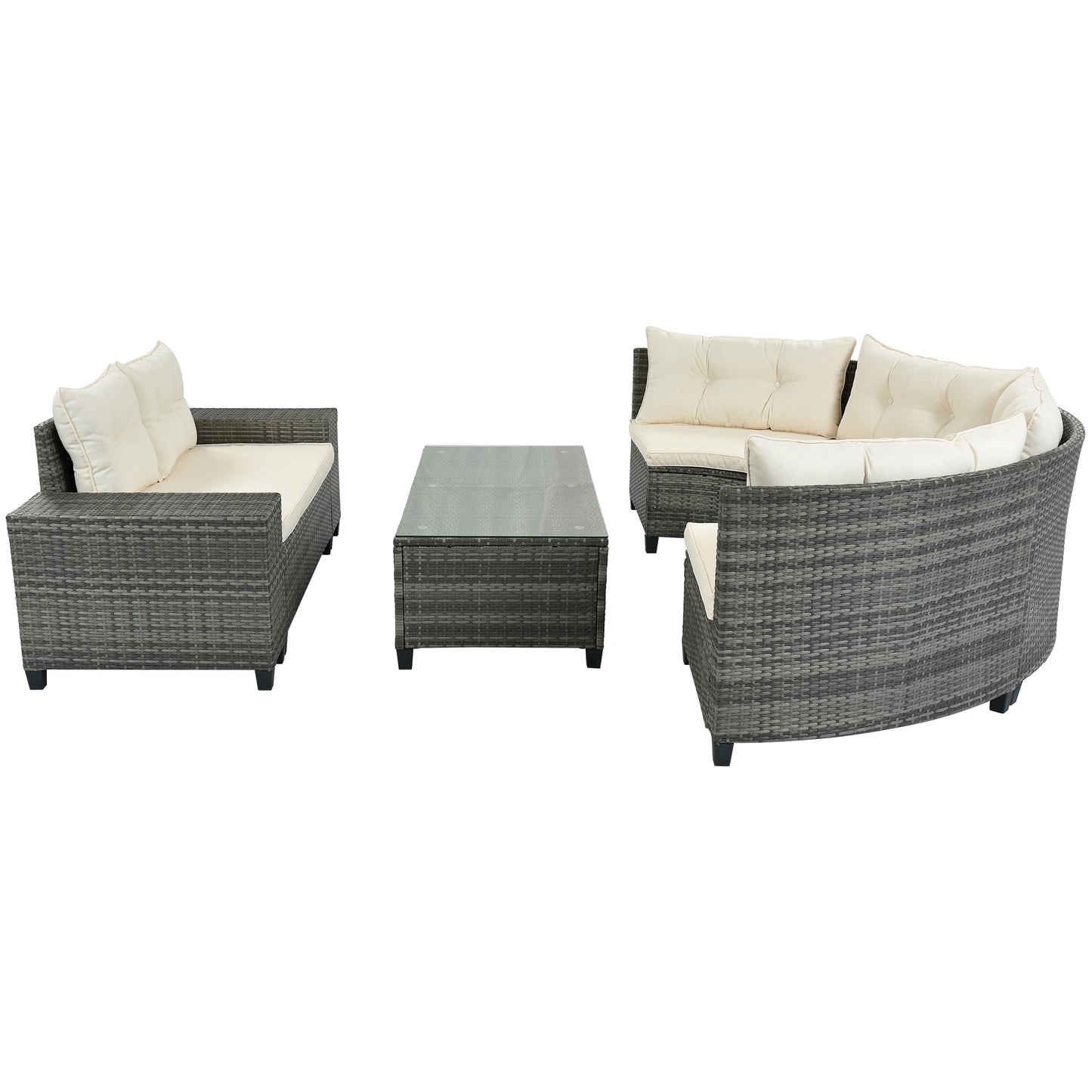 8-pieces Outdoor Wicker Round Sofa Set, With Rectangular Coffee Table