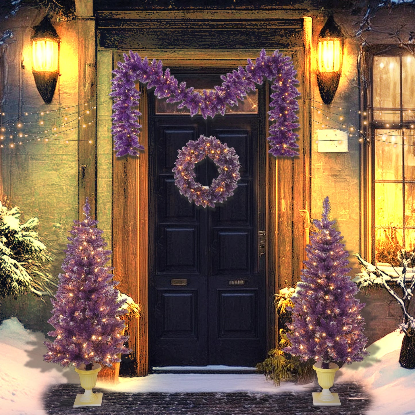 Pre-lit Christmas 4-Piece Set: Garland, Wreath, 2 Entrance Trees with LED Lights, Purple PVC. Ideal Festival Celebration Set.