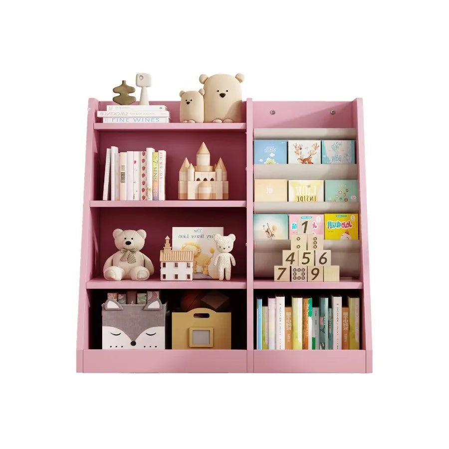 Pink Wooden Toy Storage Organizer Cabinet Bookshelf Bookcase Toddler Baby Sling Book Rack Adjustable Shelf for Playroom Bedroom