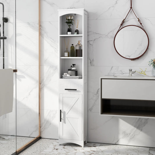Tall Bathroom Storage Cabinet, Farmhouse Narrow Bathroom Storage Cabinet with Recessed Drawer and Barn Door, White