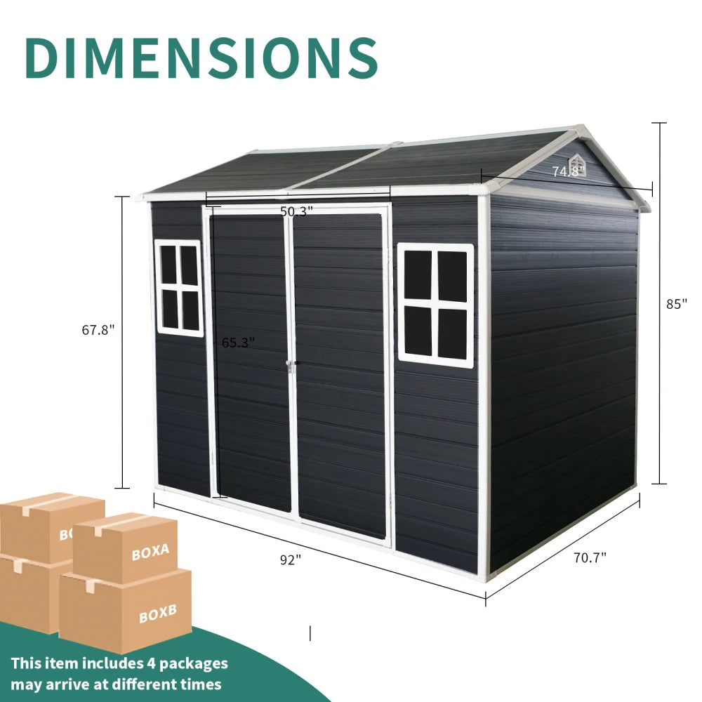 8x6ft Outdoor Resin Garden Shed with Floor and 2 Windows, Plastic Patio Outdoor Storage Shed with Lockable Door for Garden Tools