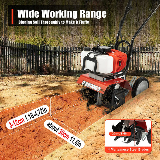 Gasoline Garden Tiller Cordless 2-stroke Air-Cooled Cultivator Rotary for Trenching Loosening 12in/30cm Wide 12cm dp