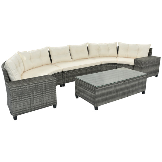 8-pieces Outdoor Wicker Round Sofa Set, With Rectangular Coffee Table