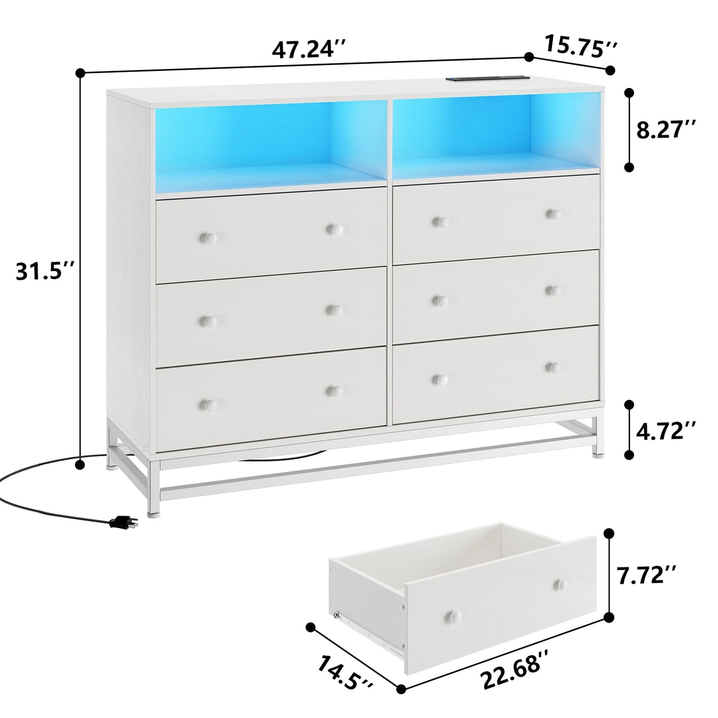Modern Wooden Chest of Drawers for Bedroom Living Room with LED Light Charging Station 6 Drawers with Open Space Storage