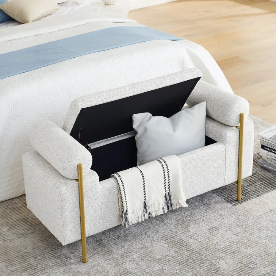 Elegant Upholstered Linen Storage Bench with Cylindrical Arms and Iron Legs for Hallway Living Room Bedroom White