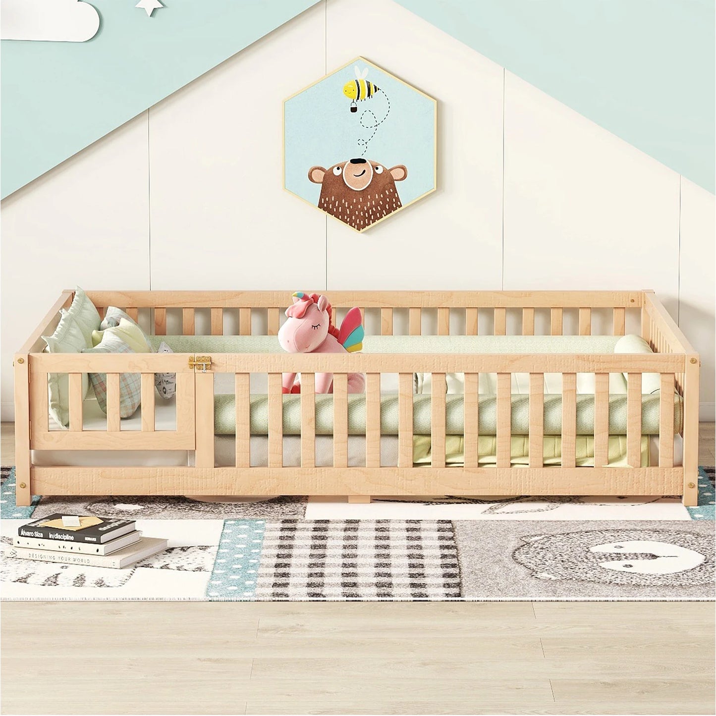 Toddler Floor Bed Frame with Safety Guardrails Doors Wood Slat Support Bed Detachable Platform Bed for Kids Bedroom Nursery