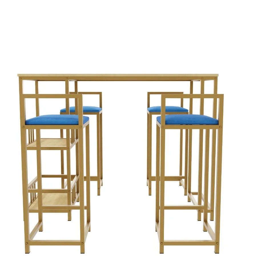 Bar table and chair five piece set gold frame multilayer tabletop chair cushion and backrest made of sponge table with storage