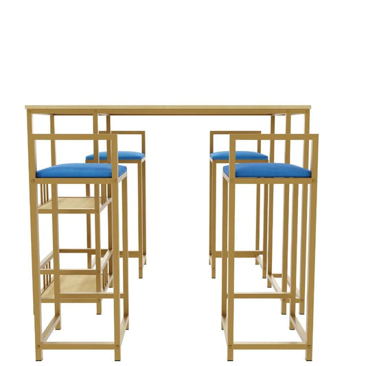 Bar table and chair five piece set gold frame multilayer tabletop chair cushion and backrest made of sponge table with storage