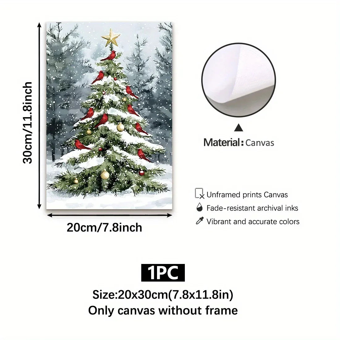 Christmas Tree and Cardinal Canvas Art Print Fade Resistant