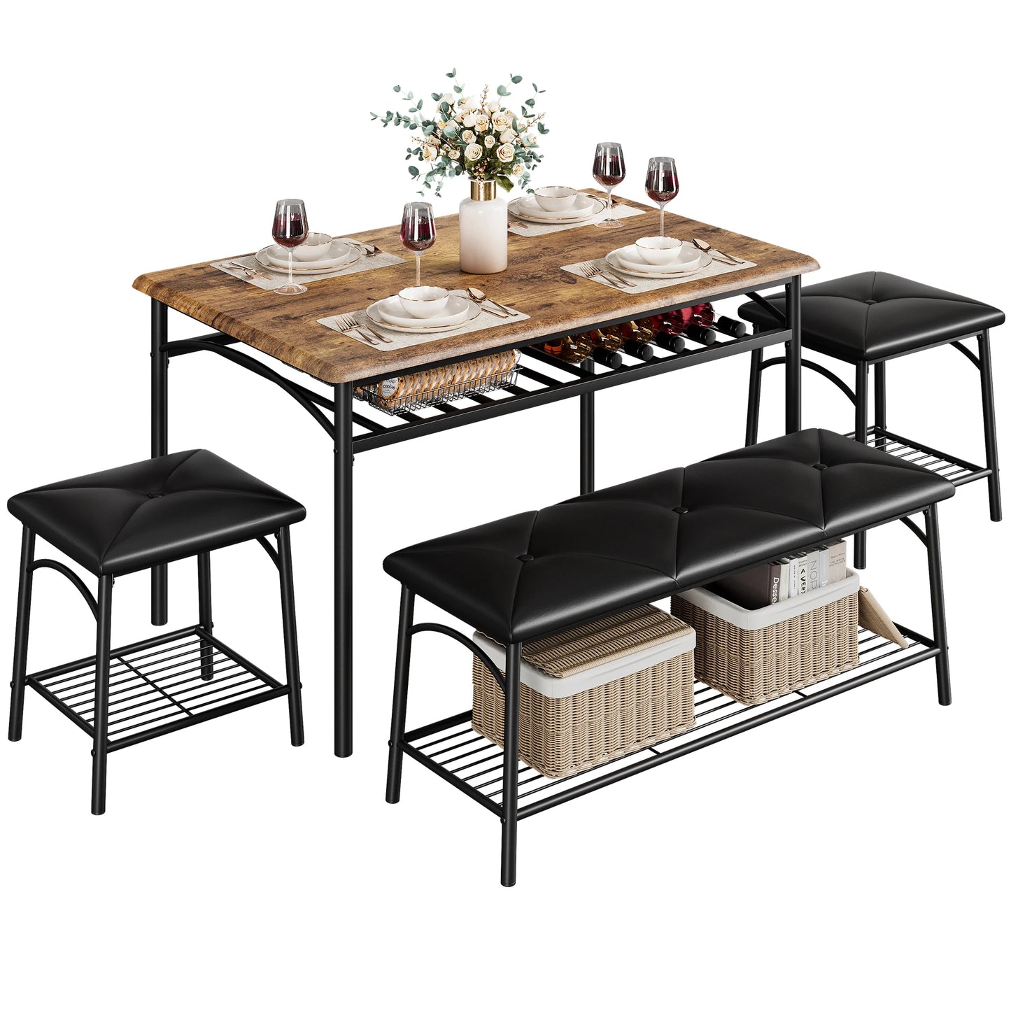 Dining Table Set for 4, Kitchen Table Set with Upholstered Bench and Square Stools, Metal and Wood Dining Room Table Set