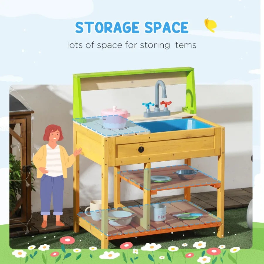 Mud Kitchen Outdoor Kitchen Playset for Wooden with Realistic Play Kitchen Toys Faucet and Sink Storage Shelves Gift for Girls