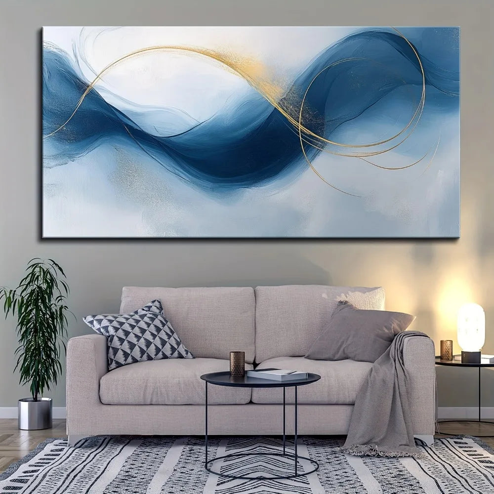 pine frame, large abstract gold and blue gradient painting,