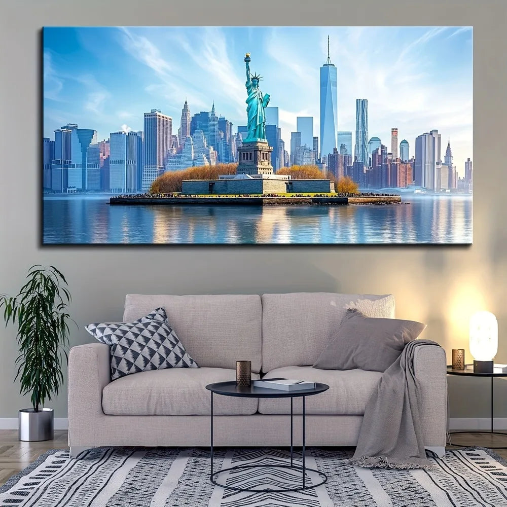 1.5 inch thick pine solid wood frame, Statue of Liberty mural, art deco