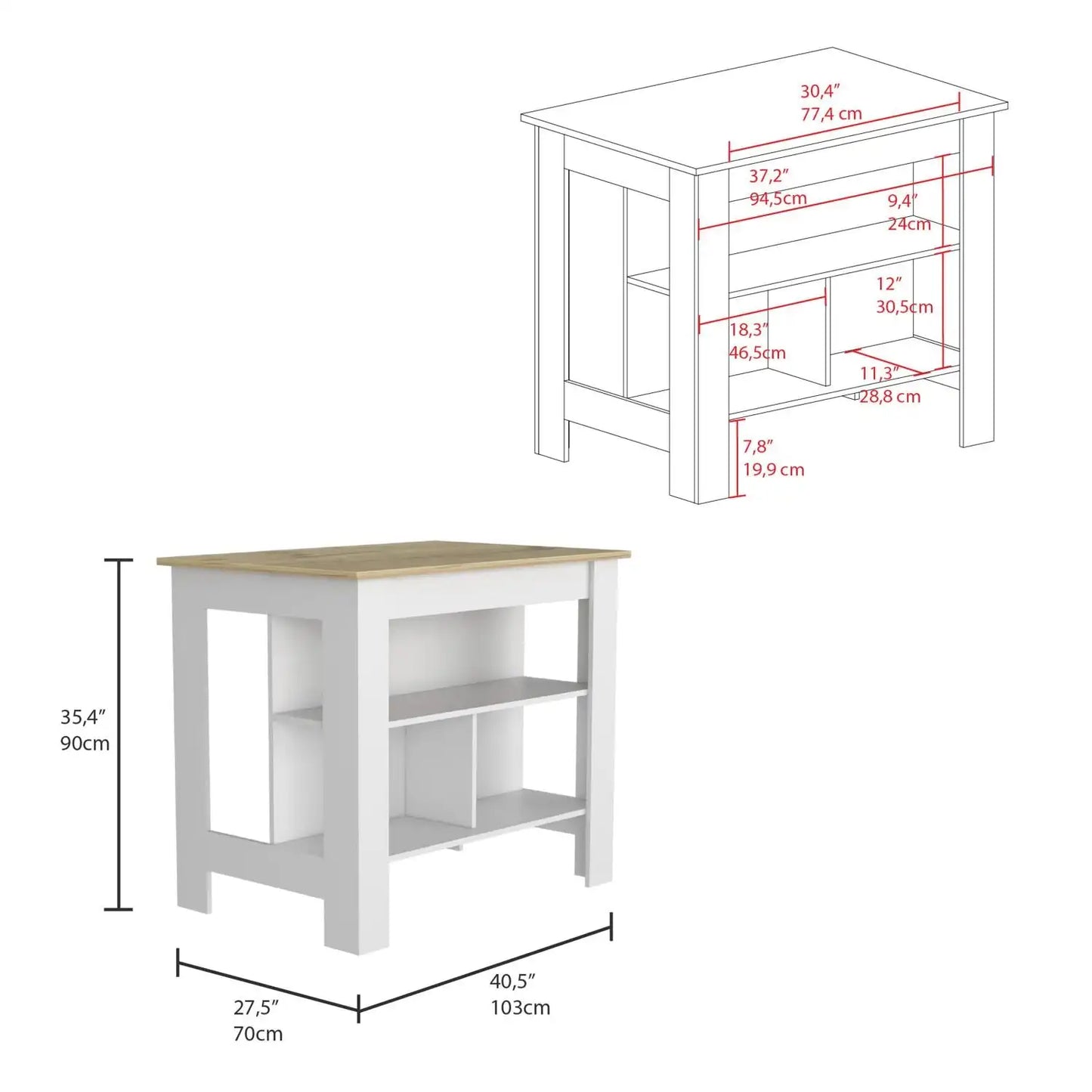 Cala Kitchen Island, Four Legs, Three Shelves  White / Light Oak