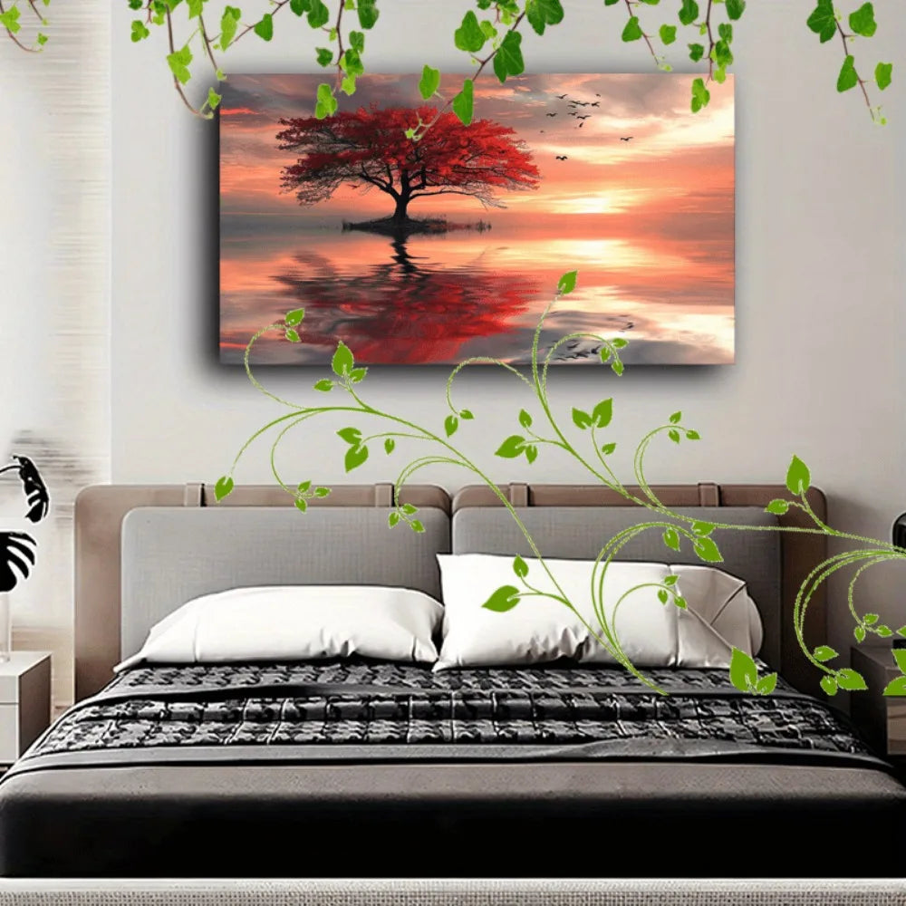 1.5 inch thick solid wood pine frame, interior art deco, depicting red leaf trees, abstract sunsets