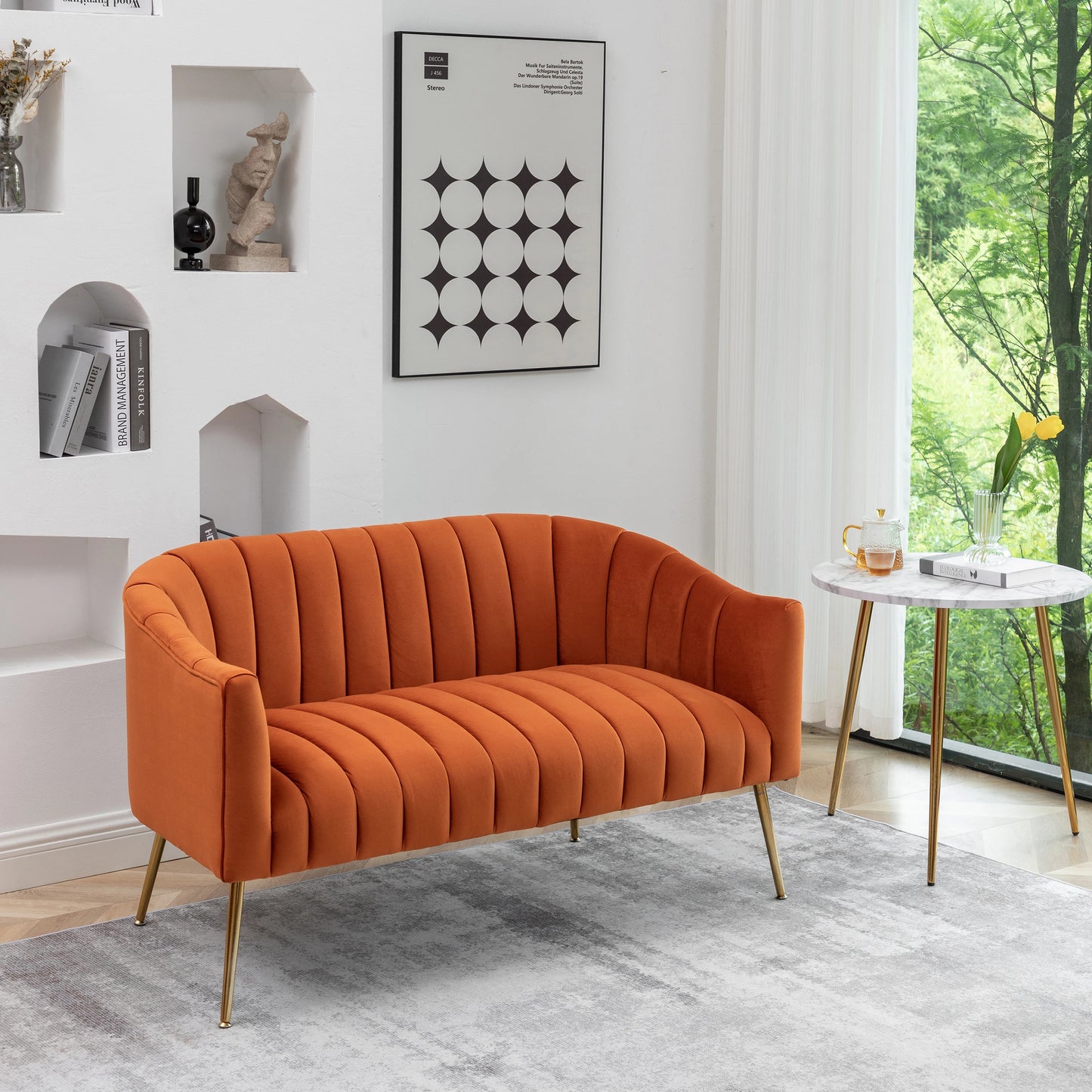 Modern Glam Comfy 50" Metal Legs Curved Sofa 2 Seaters Loveseat with Tufted Back, Mid Century Hall Velvet Sofa for Living Room