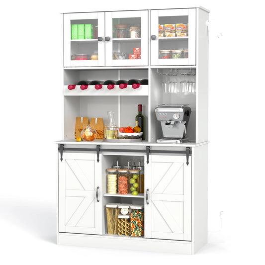Kitchen Pantry Storage Cabinet | Tall Freestanding Hutch with Microwave Stand, Power Outlet, Buffet Cupboard & Glass Doors,