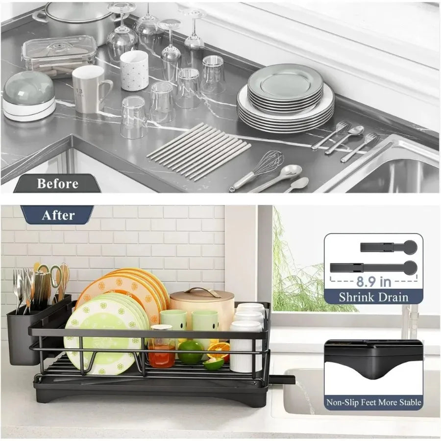 2 in Set Dish Drying Rack and Under Sink Organizer AND Pull Out Cabinet Shelf for Kitchen