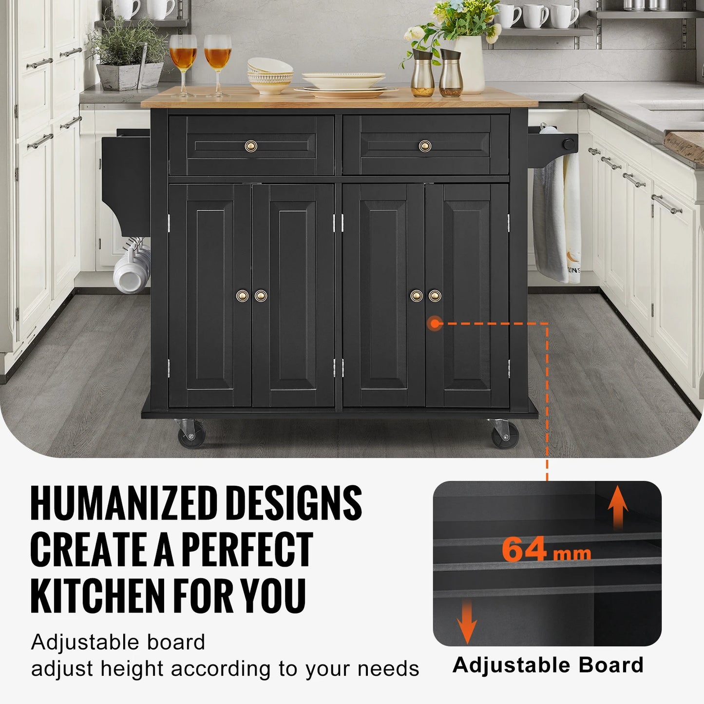 Kitchen Island Cart Wood Top Mobile Carts with Storage Cabinet Rolling Table with Drop Leaf Spice Rack Towel Bar