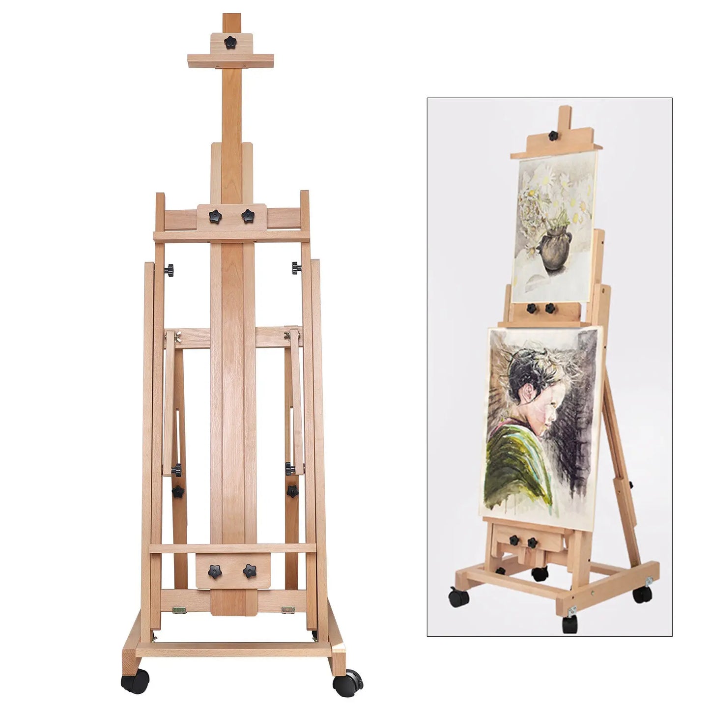 Wooden H-Frame Easel, Adjustable 56" to 91" Height, Movable Artist Stand for Studio Painting and Display