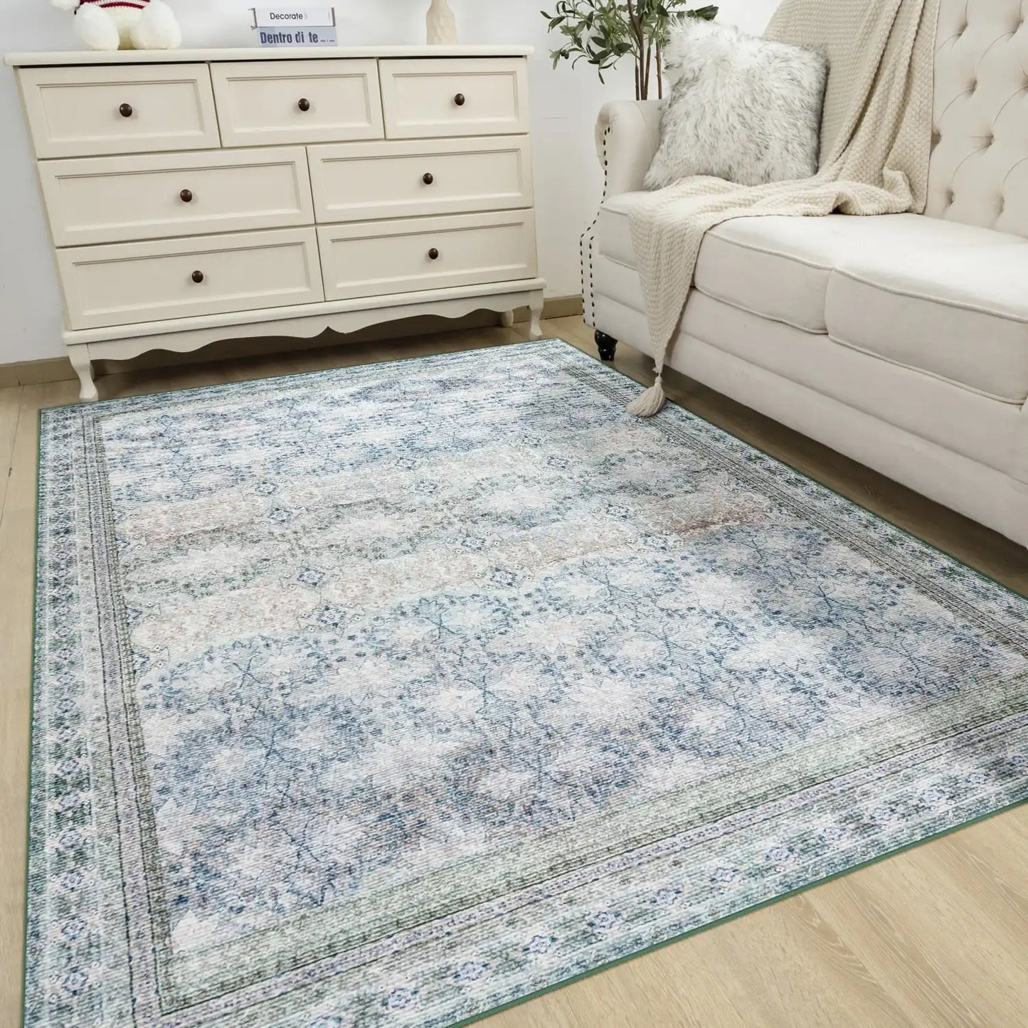 Floral Washable Rugs, Area Rug for Living Room, Soft Large Boho Bedroom Rugs, Botanical Non Slip Ultra Thin Floor Carpet