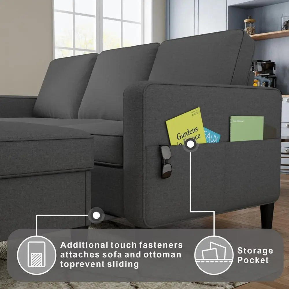 Sectional Sofa Couch 3 Seat L-Shaped Couch with Storage Ottoman