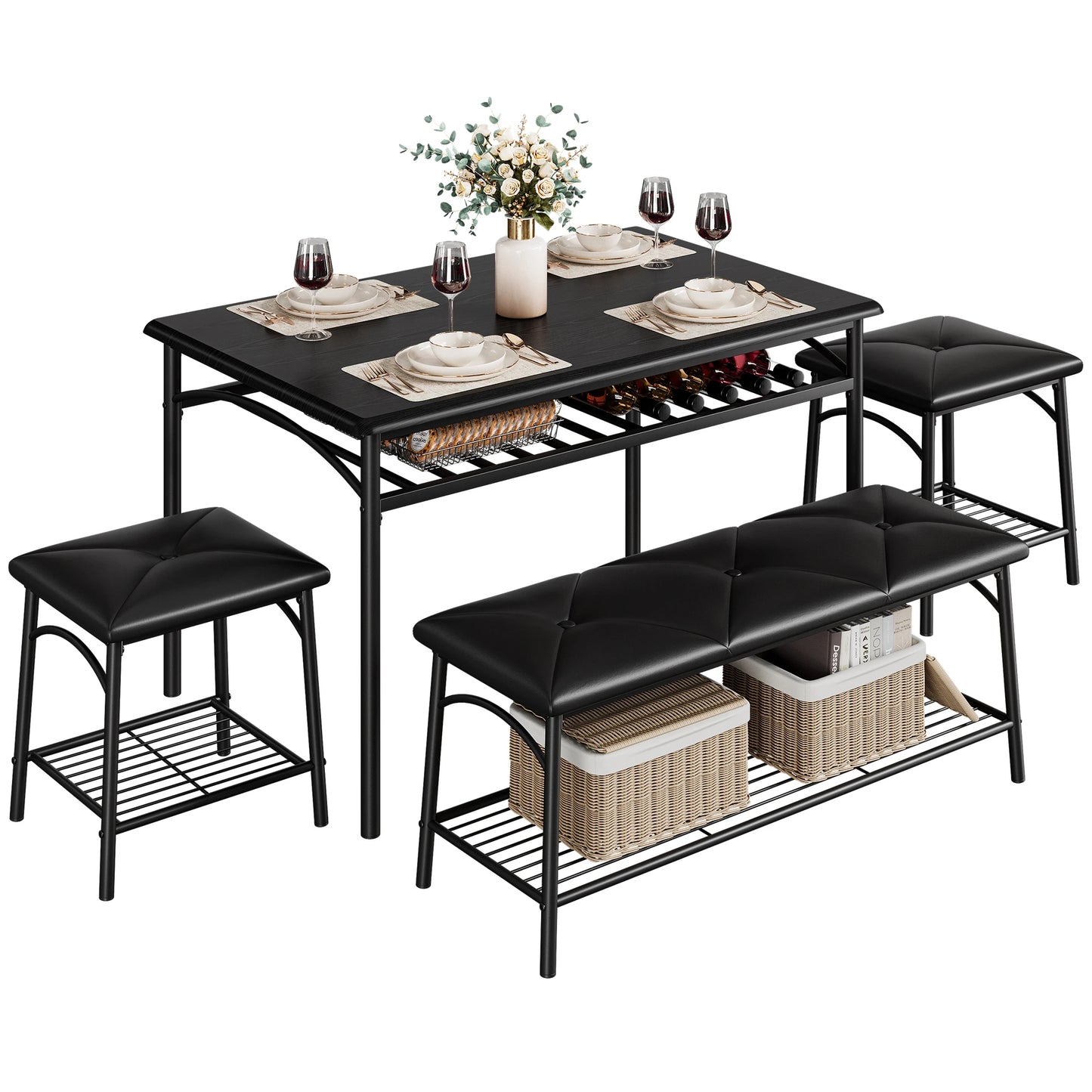 Dining Table Set for 4, Kitchen Table Set with Upholstered Bench and Square Stools, Metal and Wood Dining Room Table Set