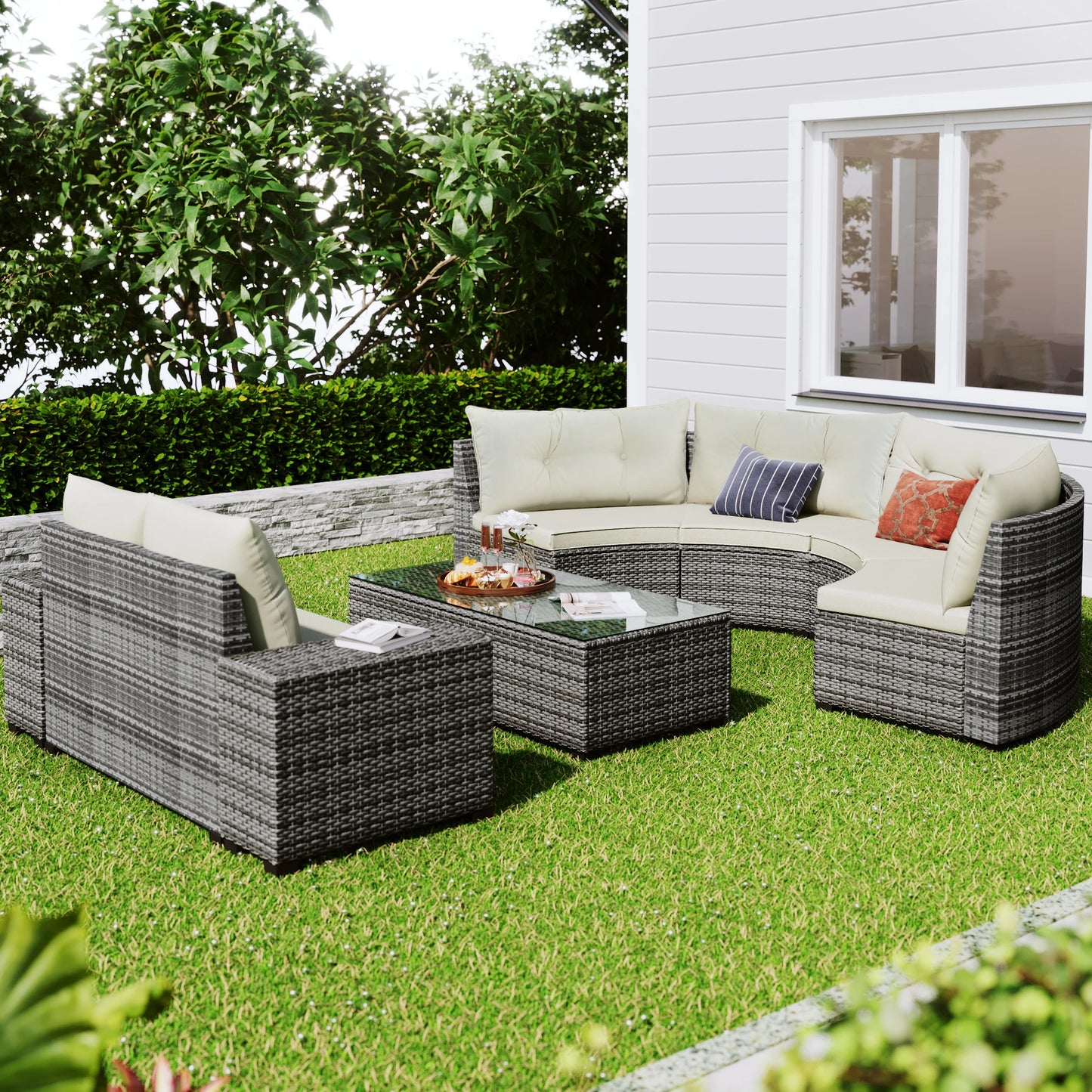 8-pieces Outdoor Wicker Round Sofa Set, With Rectangular Coffee Table