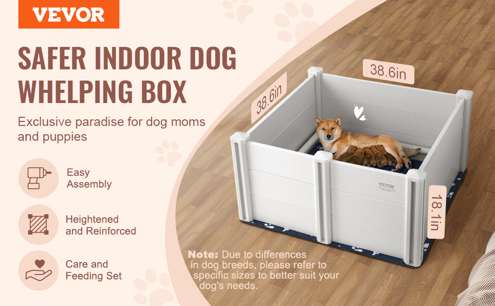 Dog Whelping Box 38.6x38.6x18.1in PVC with Rails Pee Pad for Dogs Puppies