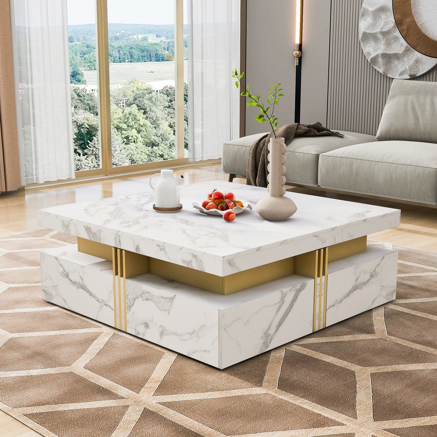 Modern Square Coffee Table with 4 Drawers, Luxury Storage Center Table