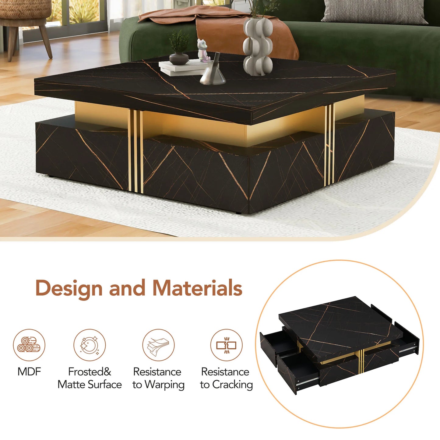 Modern Square Coffee Table with 4 Drawers, Luxury Storage Center Table