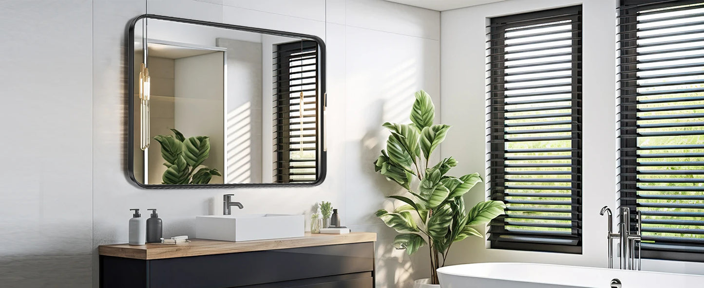 Matte Metal Framed Bathroom Mirror for Wall,Vanity Rectangle Rounded Corner Tempered Glass Mirror,Clear Reflection,Modern