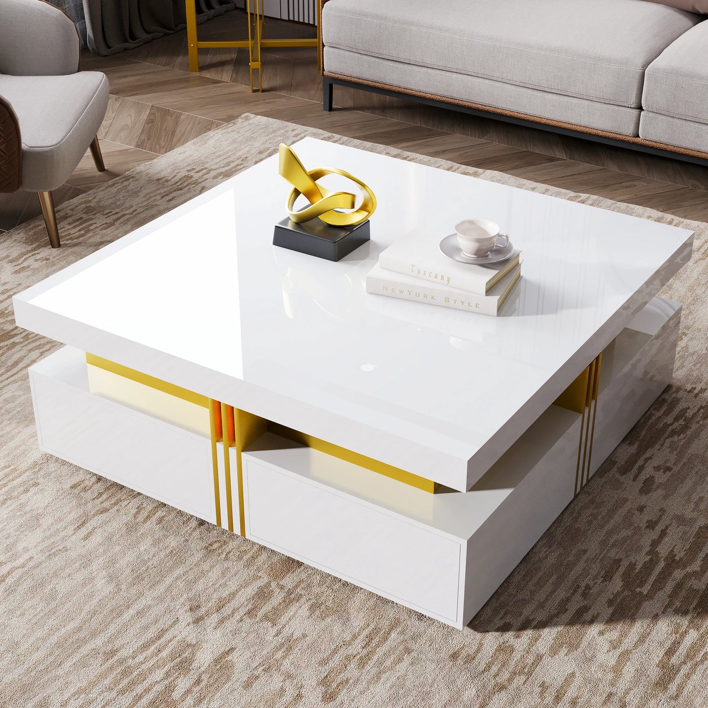 Modern Square Coffee Table with 4 Drawers, Luxury Storage Center Table