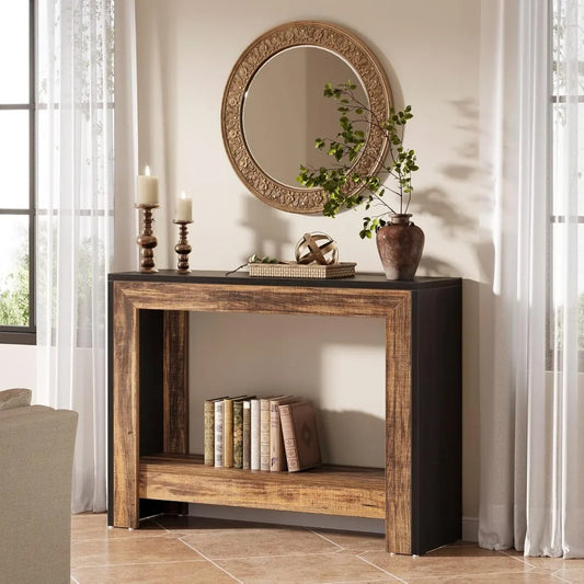 Farmhouse Console Table, Behind Couch Sofa Table with Open Storage Shelves