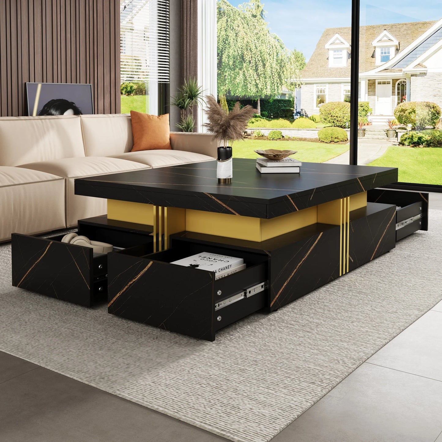 Modern Square Coffee Table with 4 Drawers, Luxury Storage Center Table