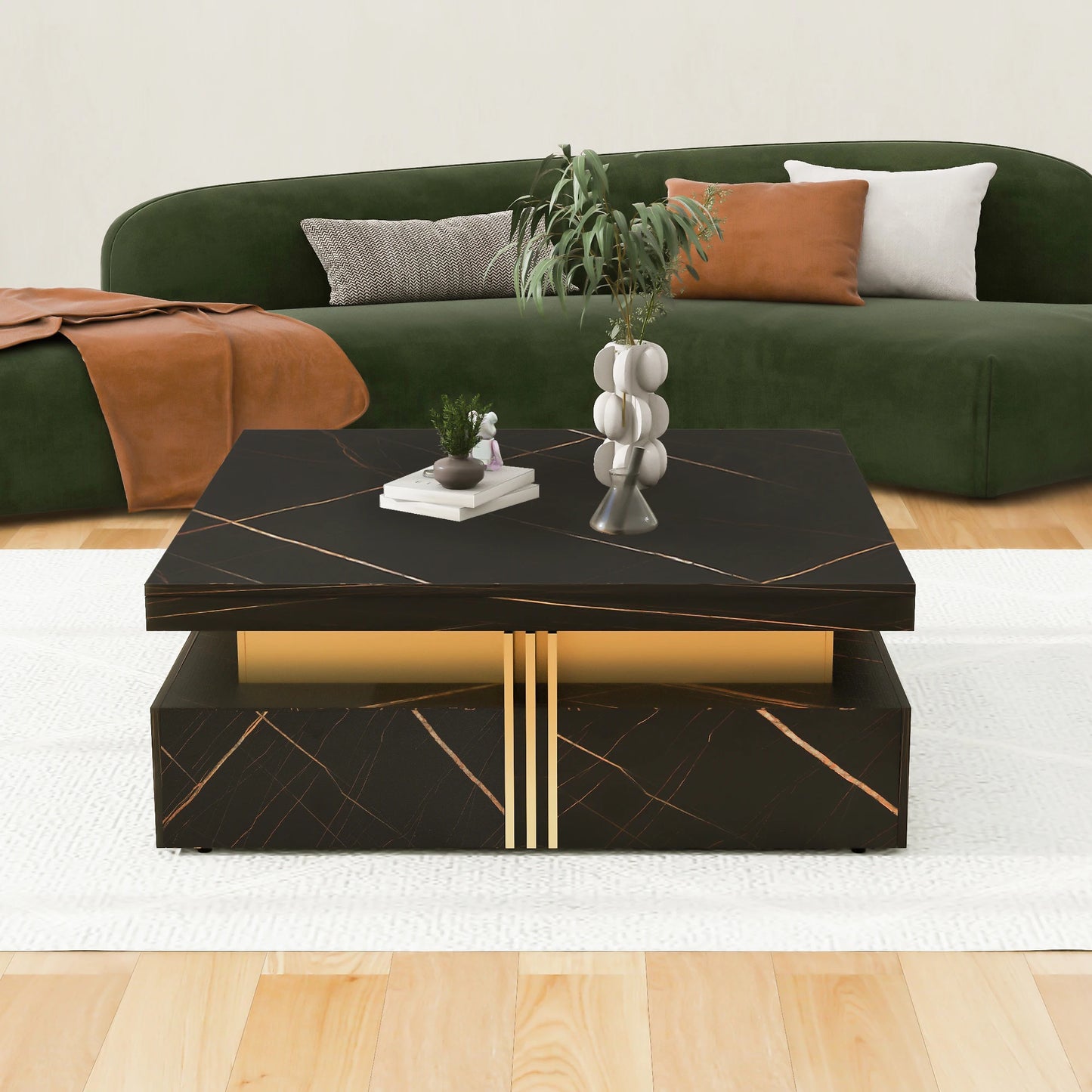 Modern Square Coffee Table with 4 Drawers, Luxury Storage Center Table